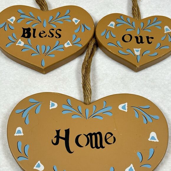 Vtg Wooden Heart Plaques "Bless Our Home" Rope Hanging Country Decor Cottagecore - Picture 2 of 9
